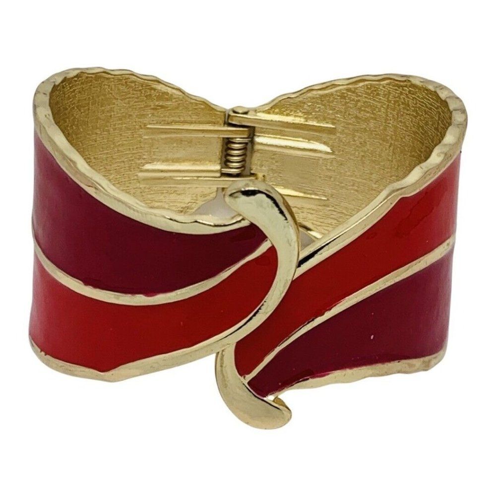 Vintage Pink Red Enamel Gold Tone Swirl Retro Clamper Bangle Bracelet Sz 6.5 - Picture 1 of 6